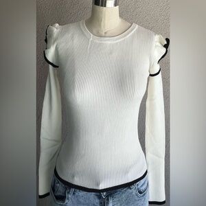 White Ruffle Trim Ribbed Top